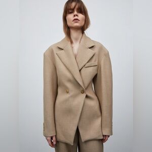 Nangy Double Breasted Cinched Blazer, Tan Beige XS/S